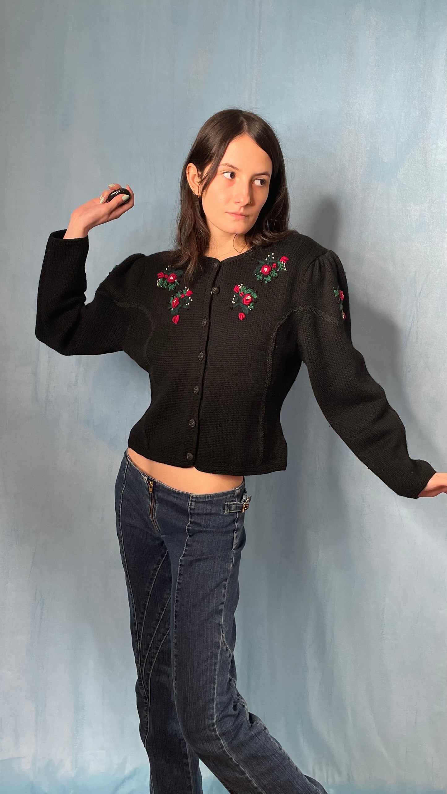 Hand-Embroidered Roses Cardigan