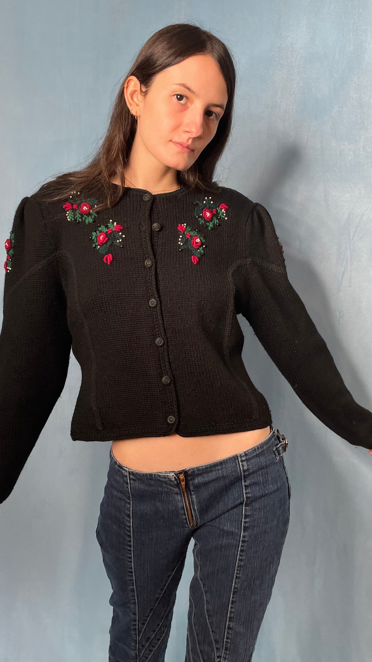 Hand-Embroidered Roses Cardigan