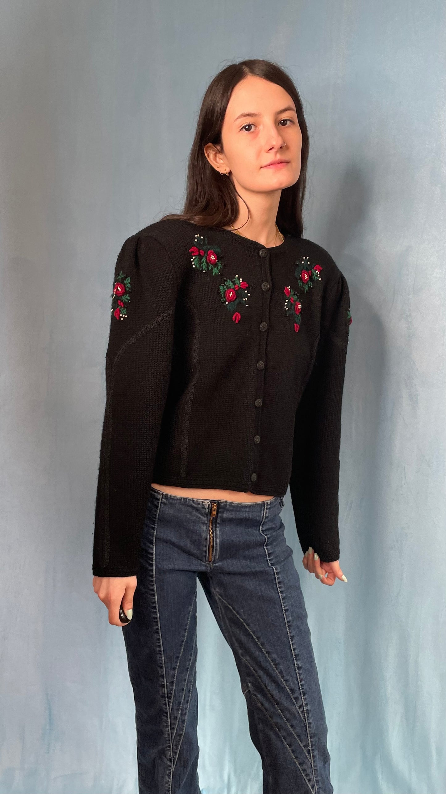 Hand-Embroidered Roses Cardigan