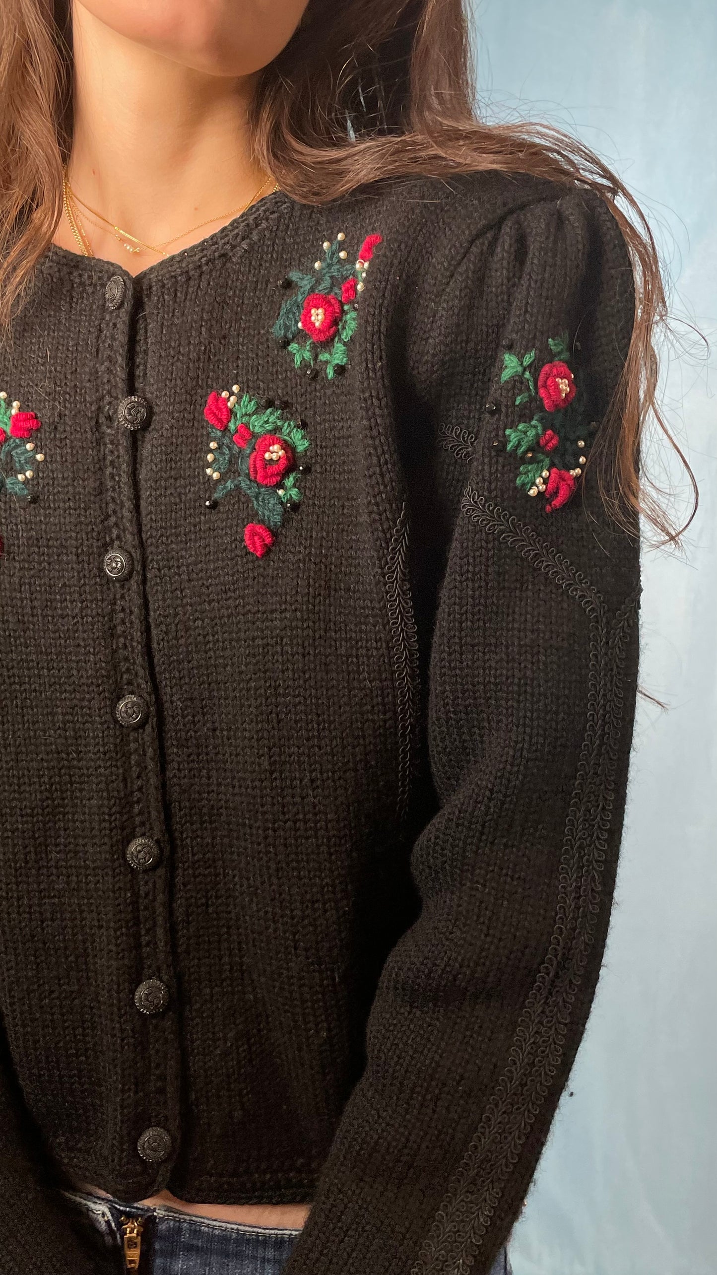 Hand-Embroidered Roses Cardigan