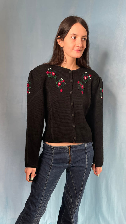 Hand-Embroidered Roses Cardigan