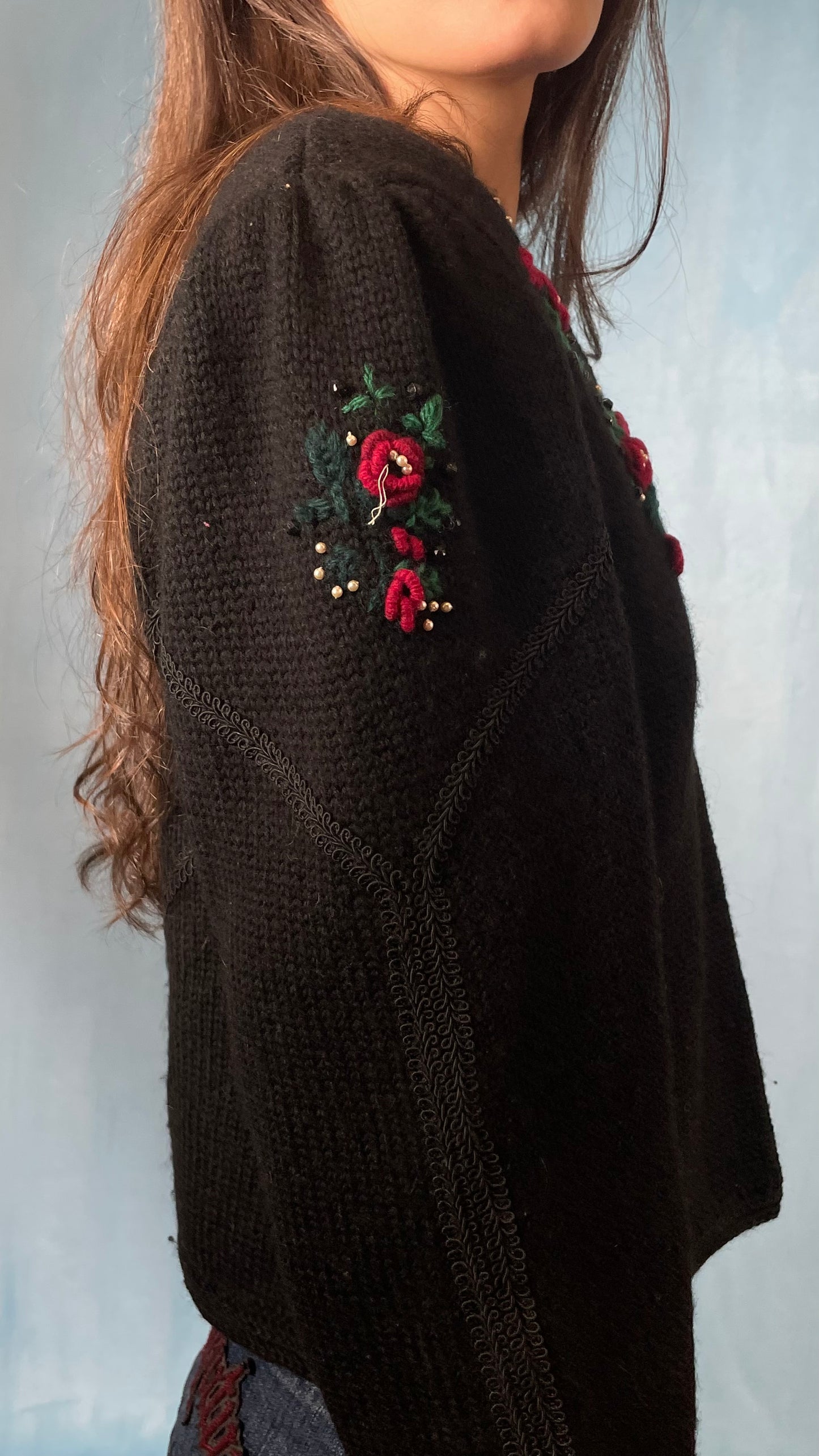 Hand-Embroidered Roses Cardigan